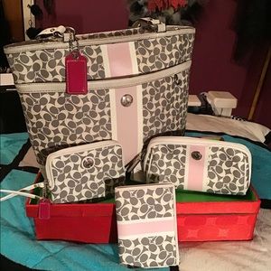 Coach Pink Gray White Signature Tote w/Accessories